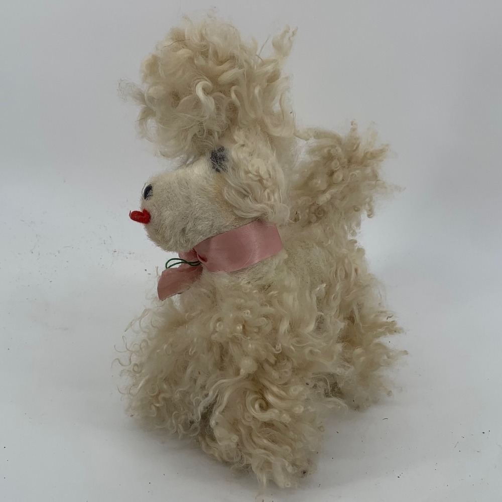 Vintage Curly Mohair Poodle‎ Plush Stuffed Animal Cream Pink Ribbon 8 Inch